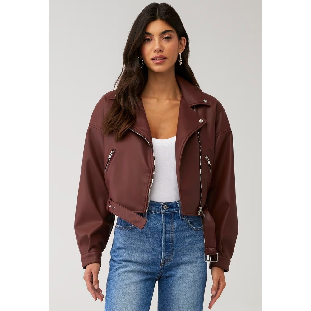 Lamarque Women's Mahogany Brown Dani Moto Jacket Large Cropped Belted Fall - Picture 14 of 14